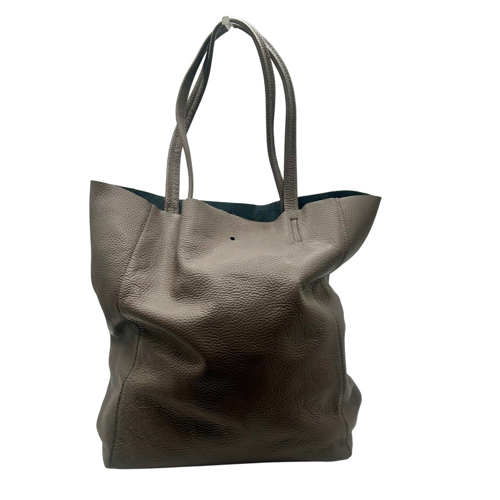 Borse in Pelle Italian Pebbled Leather Tote Bag Taupe Grey Made in Italy Shopper